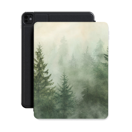 Misty Pine Forest iPad case shown with an iPad