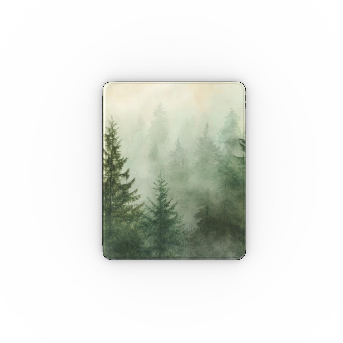 Misty Pine Forest iPad case front cover with foggy evergreens