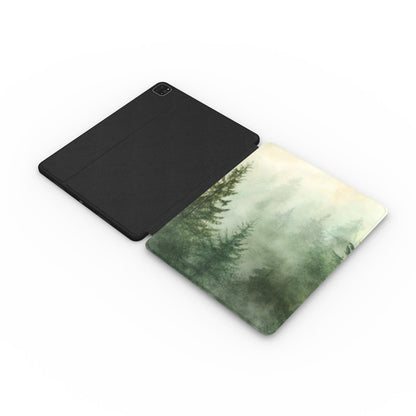 Misty Pine Forest iPad case open, showing the printed front and black back