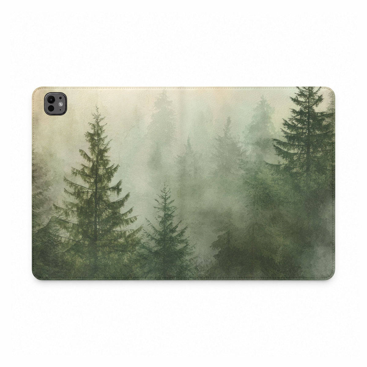 Misty Pine Forest iPad folio case laid flat, showing the foggy pine print wrapping from back to front