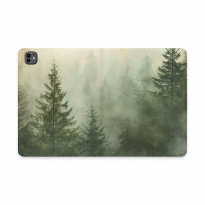 Misty Pine Forest iPad folio case laid flat, showing the foggy pine print wrapping from back to front