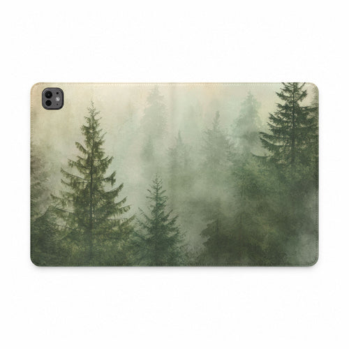 Misty Pine Forest iPad folio case laid flat, showing the foggy pine print wrapping from back to front