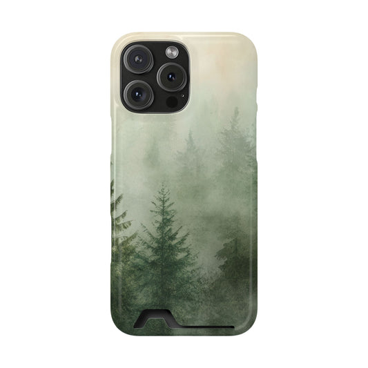 Misty Pine Forest phone case with card holder back view