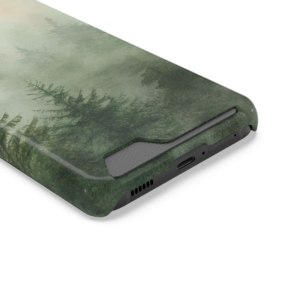 Misty Pine Forest card holder phone case showing the card slot