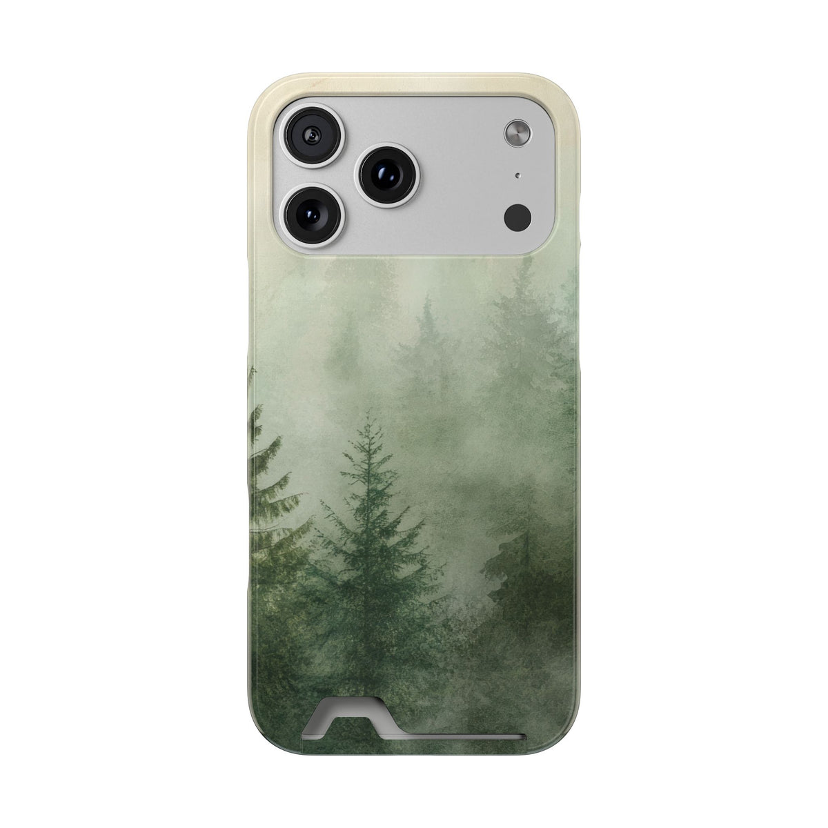 Misty Pine Forest card holder phone case on an iPhone Pro
