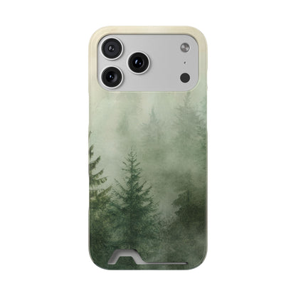Misty Pine Forest card holder phone case on an iPhone Pro