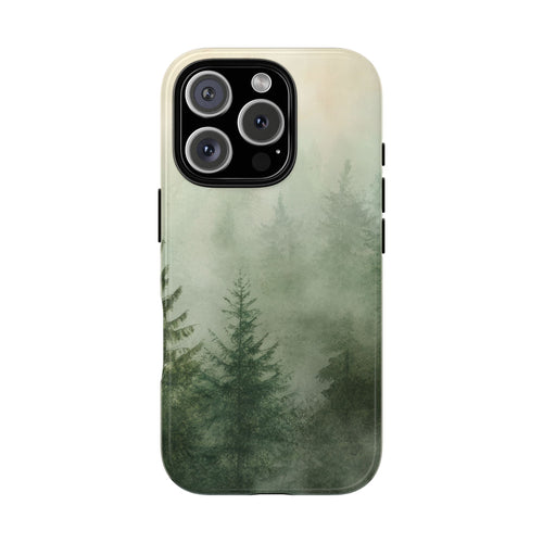 Misty Pine Forest tough phone case back view with foggy pine trees