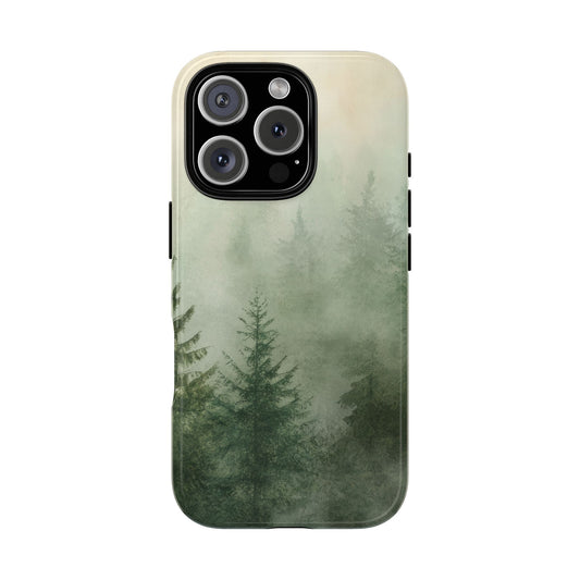 Misty Pine Forest tough phone case back view with foggy pine trees