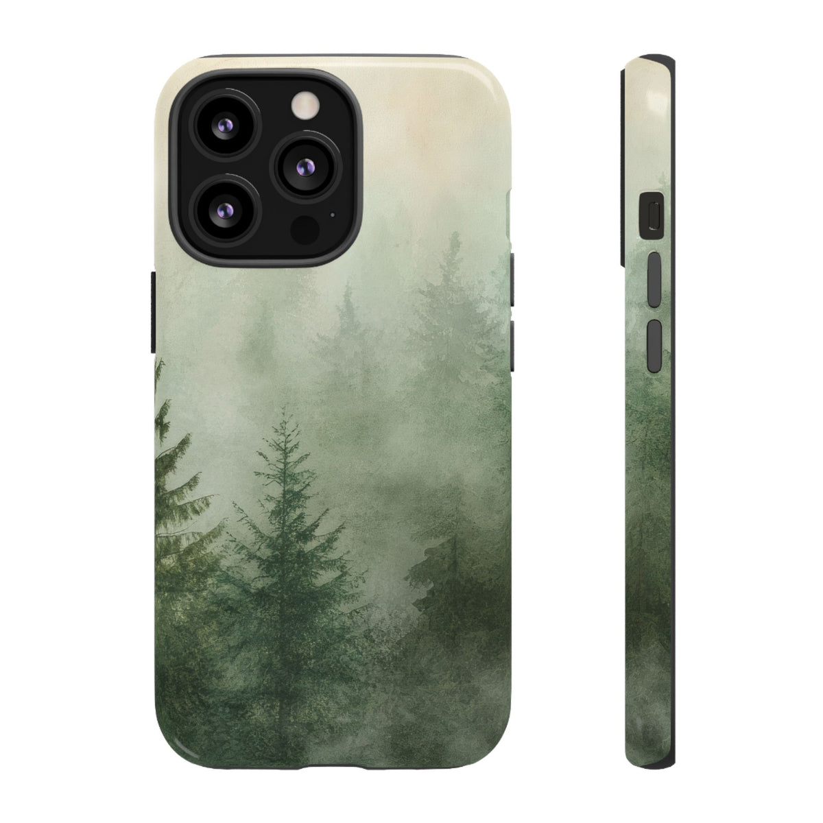 Misty Pine Forest tough phone case back and side view