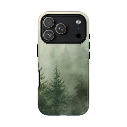 Misty Pine Forest tough phone case on an iPhone Pro