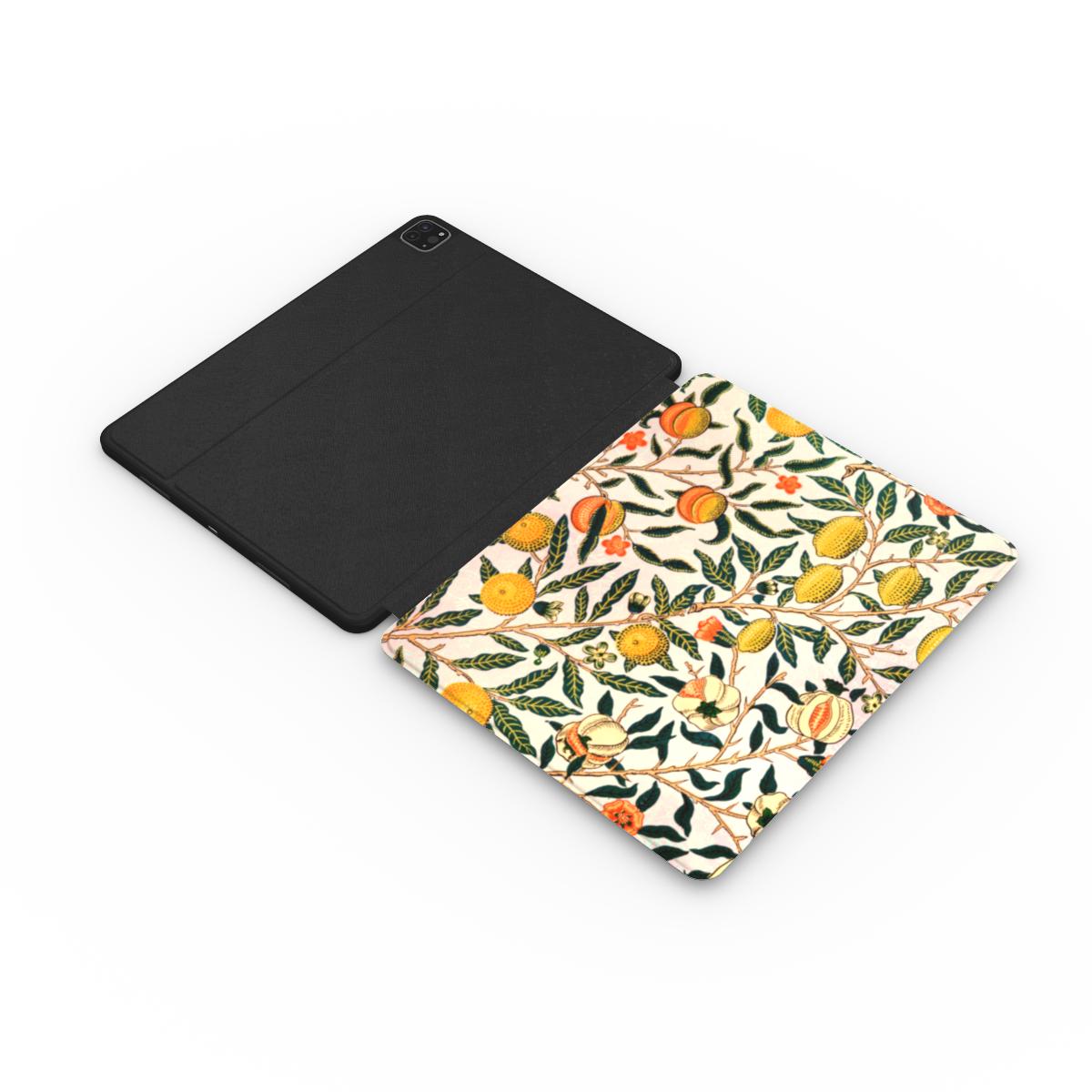Morris Fruit iPad case open, showing the printed front and black back