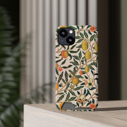 Morris Fruit card holder phone case on an iPhone standing on a shelf