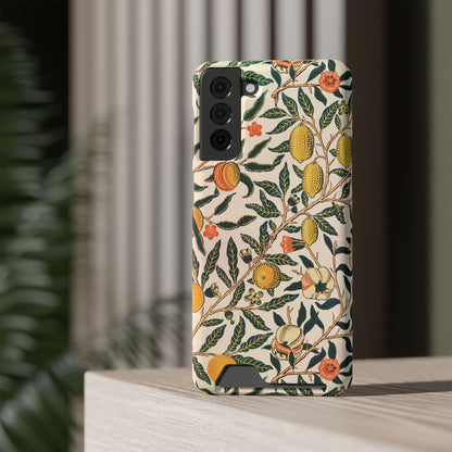 Morris Fruit card holder phone case on a Samsung Galaxy on a shelf