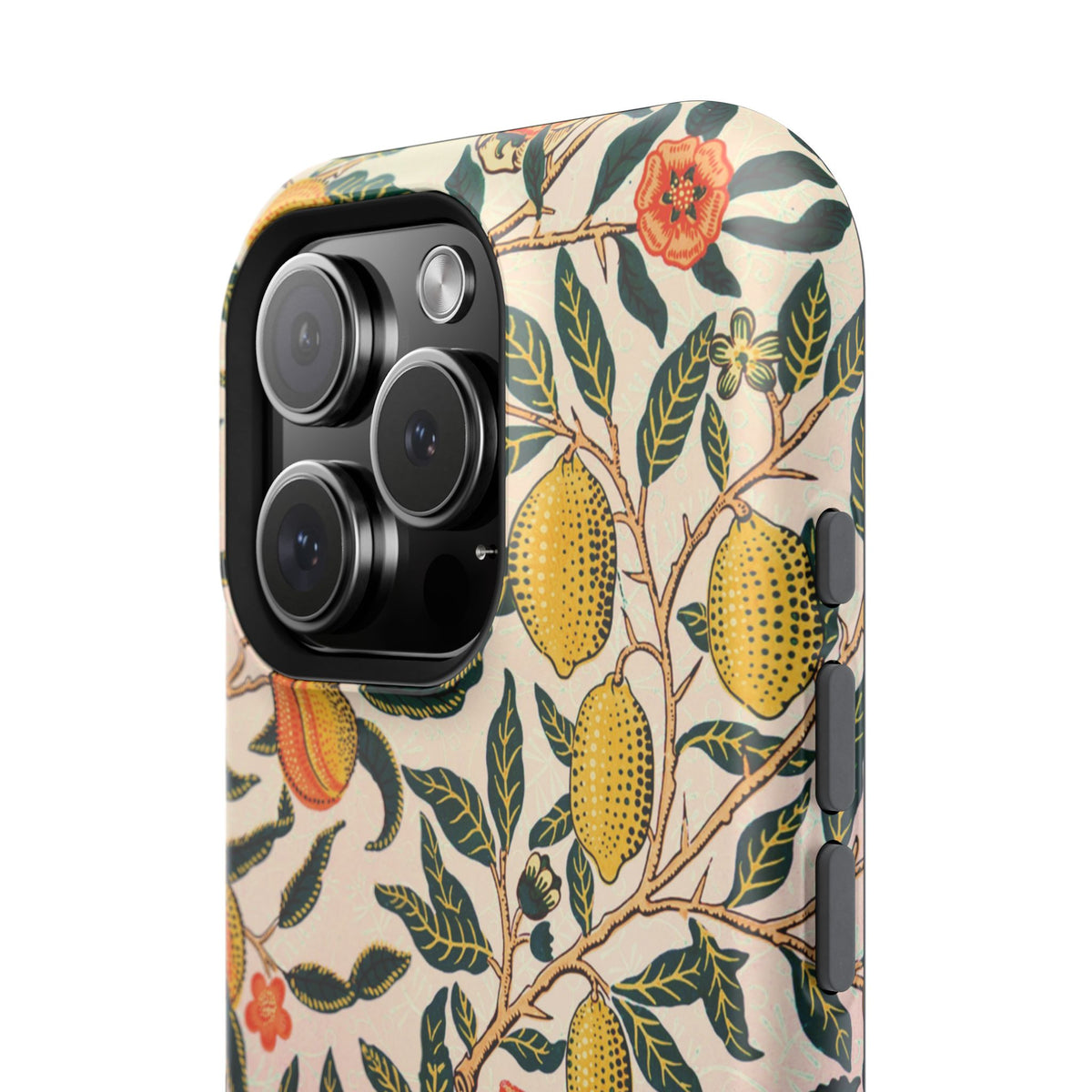 Morris Fruit magnetic phone case close-up of the print by the camera