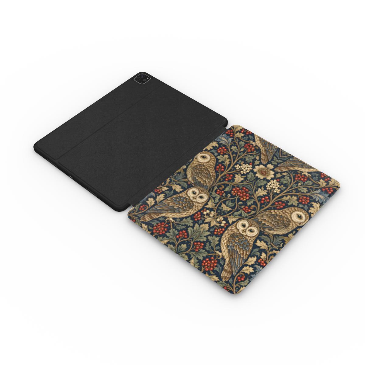 Morris Owls iPad case open, showing the printed front and black back