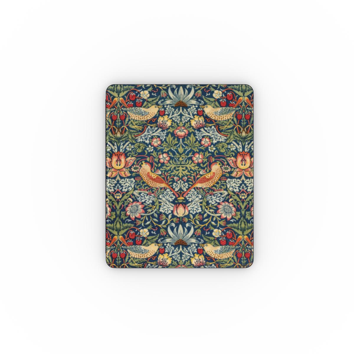 Morris Strawberry Thief iPad case front cover with thrushes and strawberries on indigo