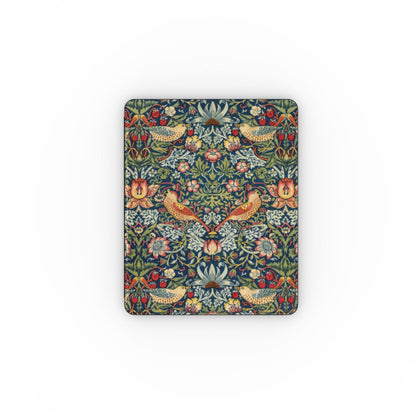 Morris Strawberry Thief iPad case front cover with thrushes and strawberries on indigo