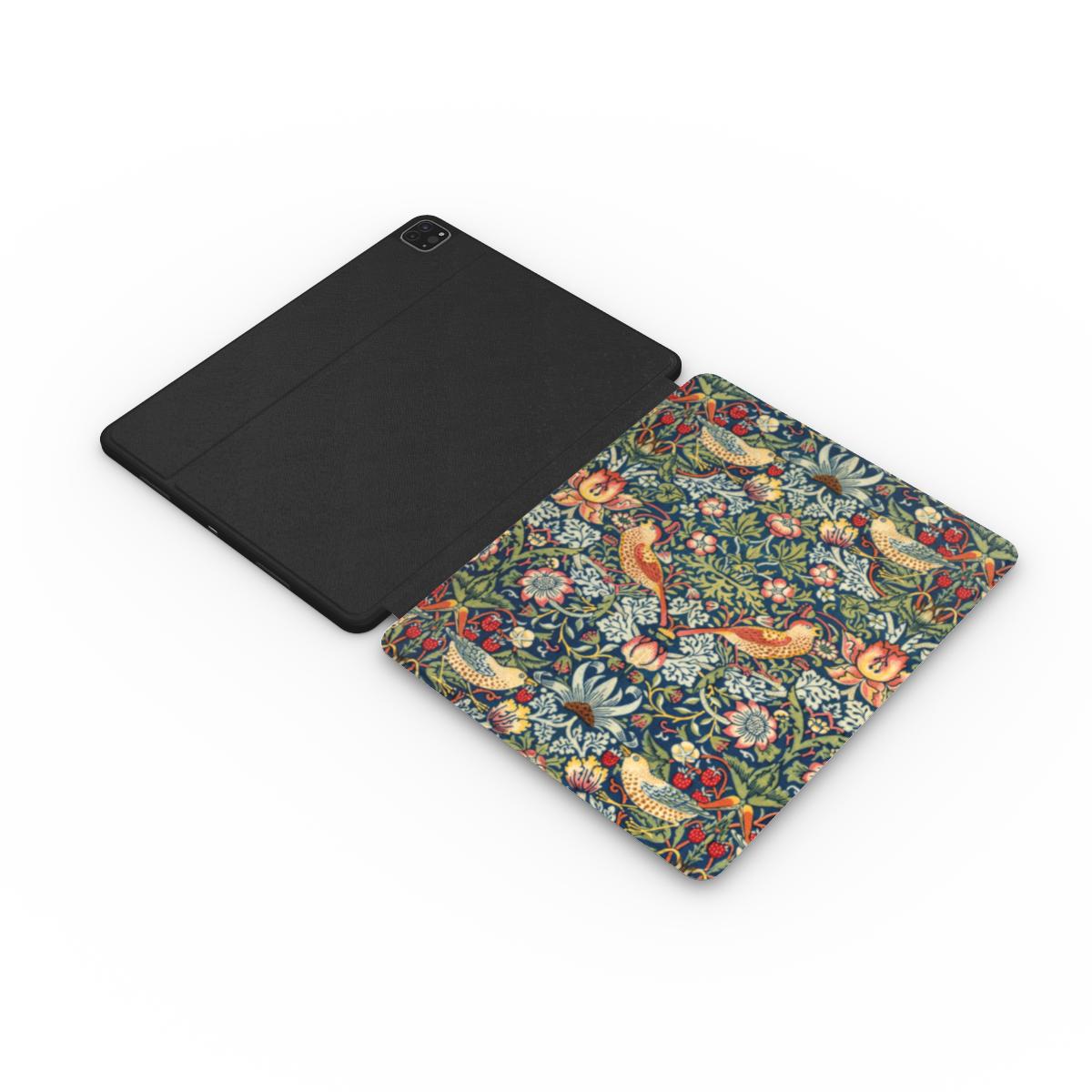Morris Strawberry Thief iPad case open, showing the printed front and black back