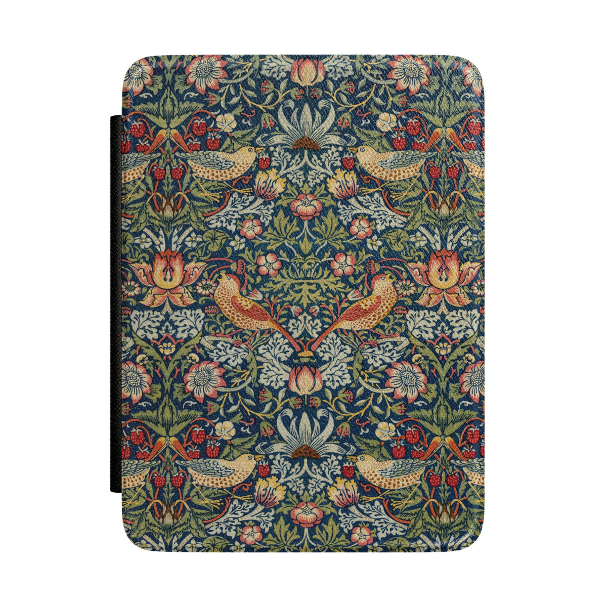 Morris Strawberry Thief Kindle case front cover with thrushes and strawberries on indigo