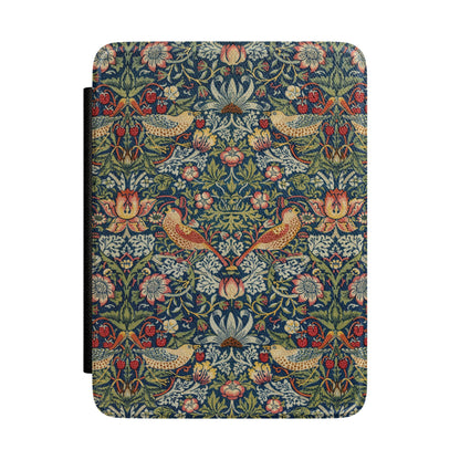 Morris Strawberry Thief Kindle case front cover with thrushes and strawberries on indigo