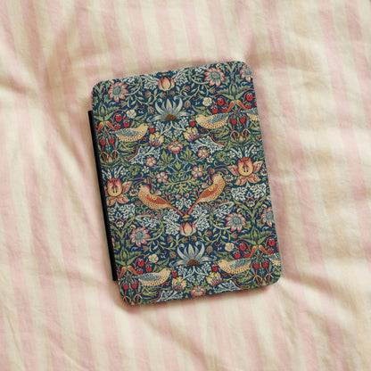 Morris Strawberry Thief Kindle case on pink striped bed linen
