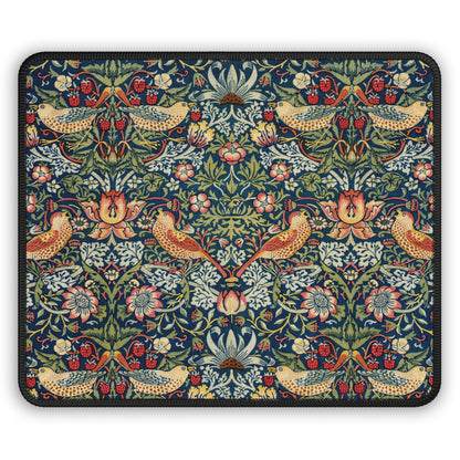 Morris Strawberry Thief mouse mat with thrushes and strawberries on indigo