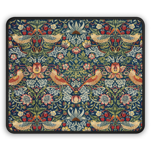 Morris Strawberry Thief mouse mat with thrushes and strawberries on indigo