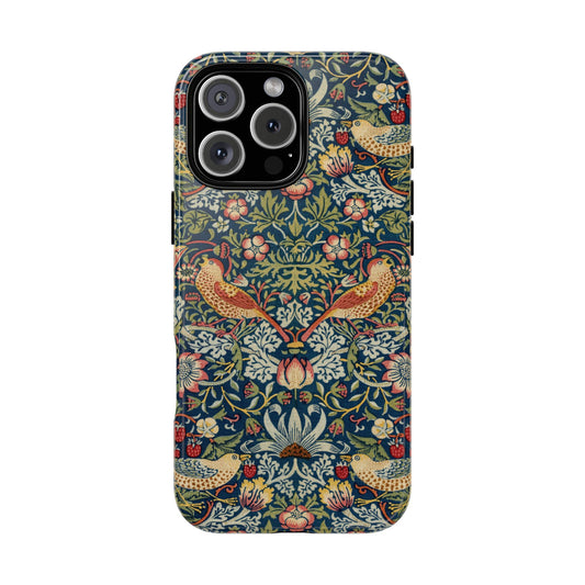 Morris Strawberry Thief tough phone case, back view with thrushes and strawberries on indigo