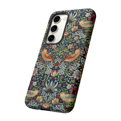 Morris Strawberry Thief tough phone case on an iPhone, angled view