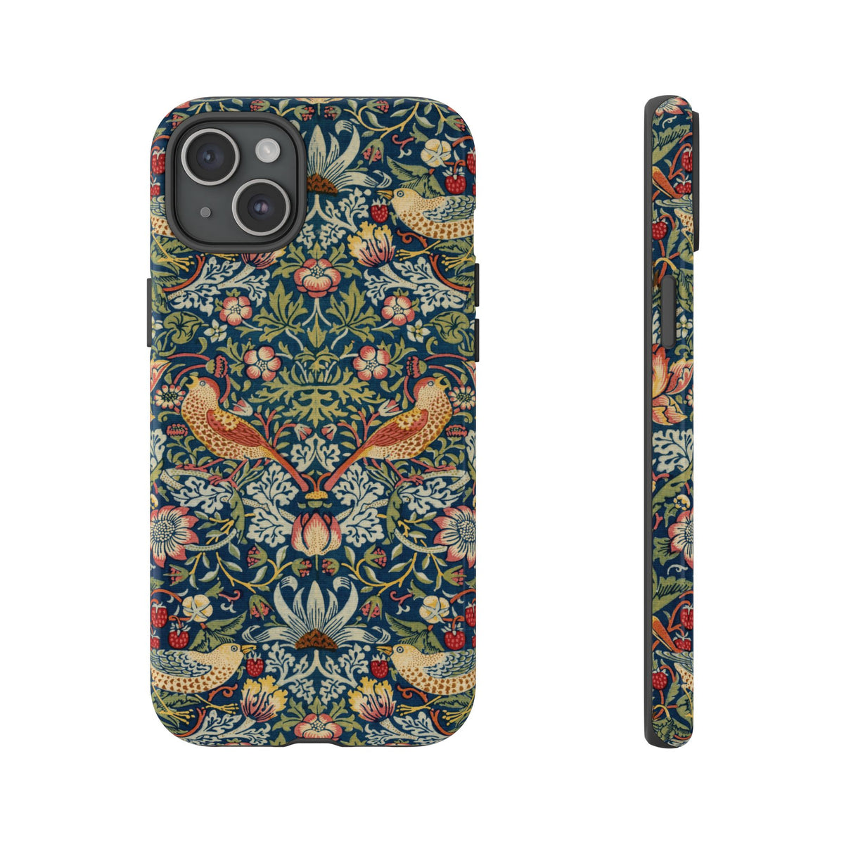 Morris Strawberry Thief tough phone case, back and side view