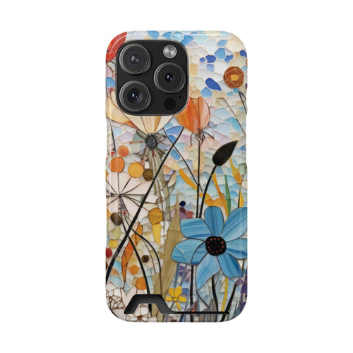 Mosaic Meadow phone case with card holder in a stained-glass wildflower print