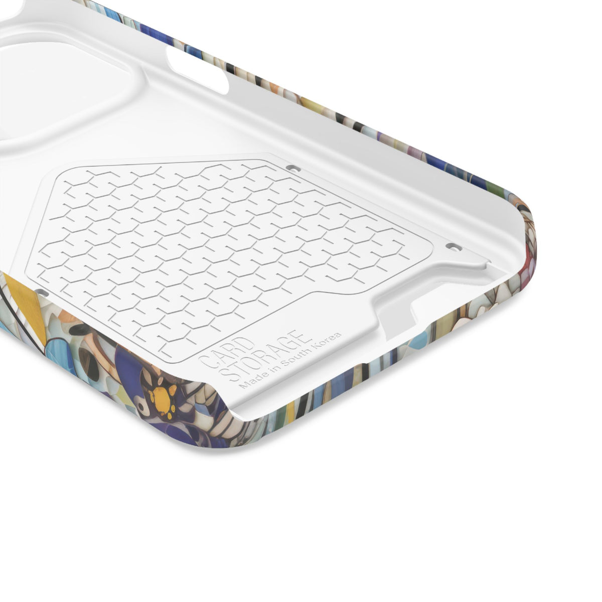 Inside of the Mosaic Meadow phone case with card holder