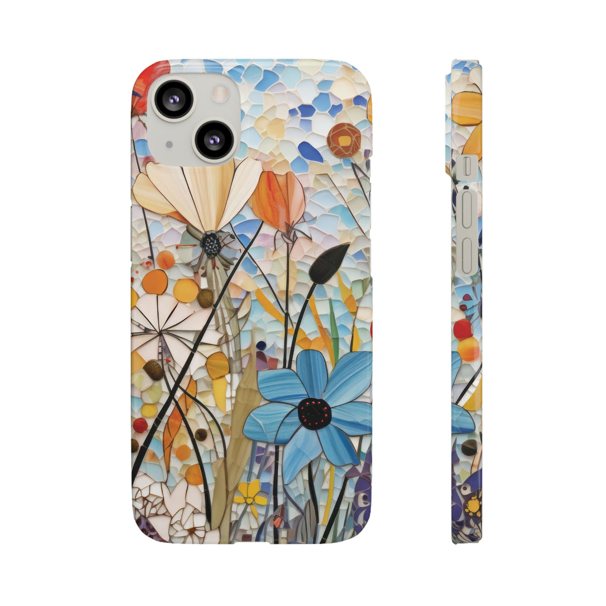 Back and side of the slim Mosaic Meadow snap phone case