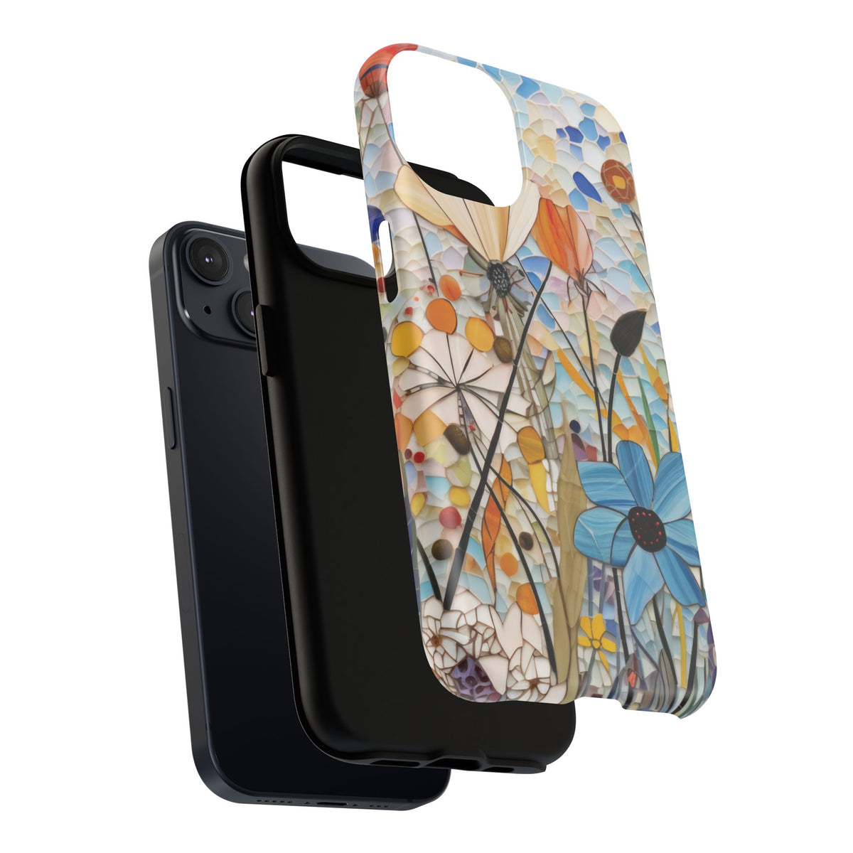 Mosaic Meadow MagSafe phone case shown next to the phone