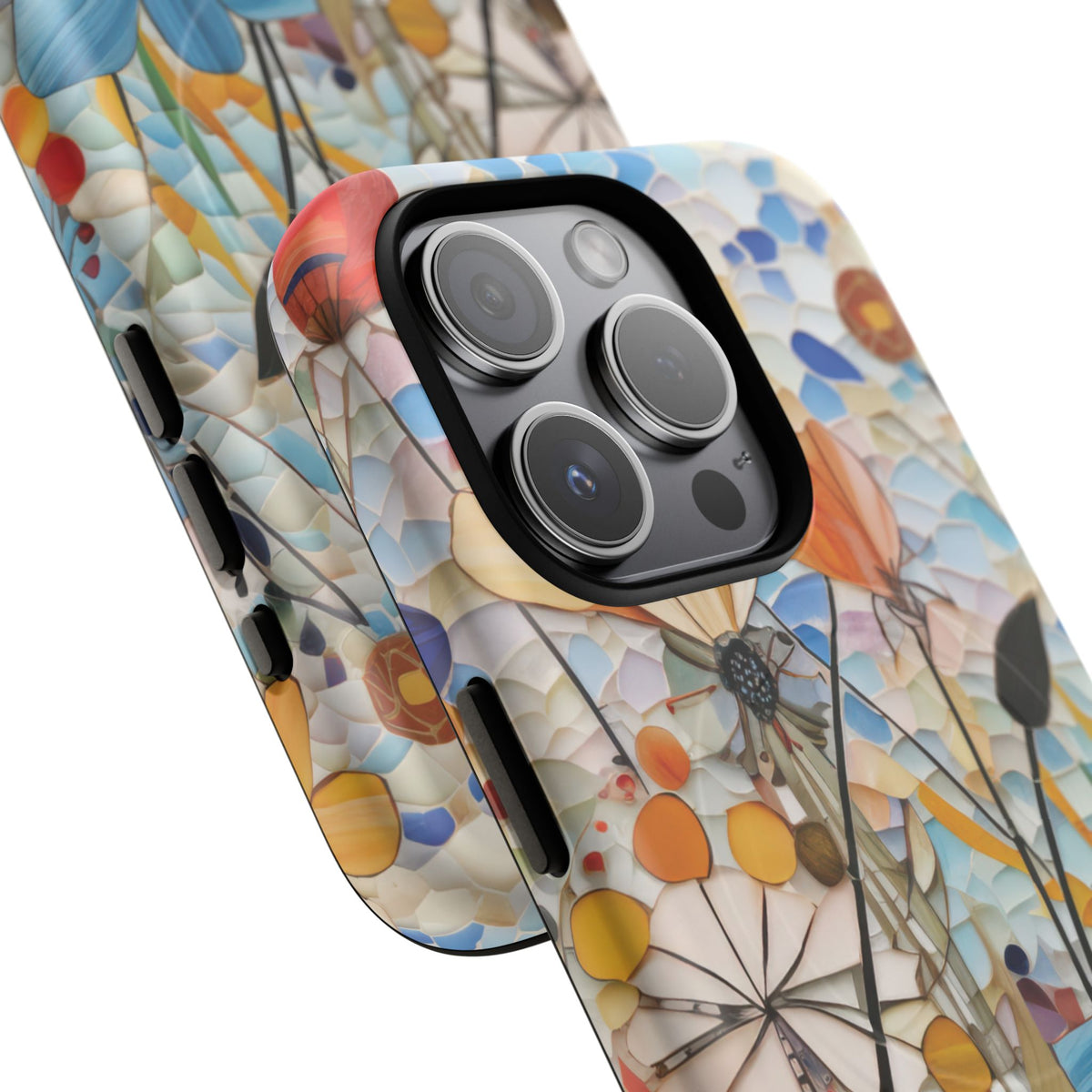 Close-up of the camera cutout on the Mosaic Meadow magnetic phone case