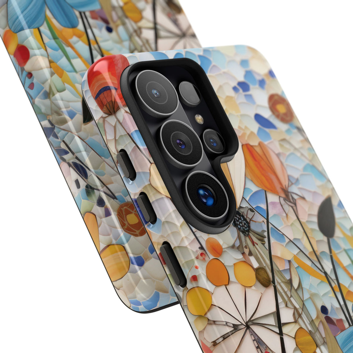 Close-up of the camera cutout on the Mosaic Meadow phone case