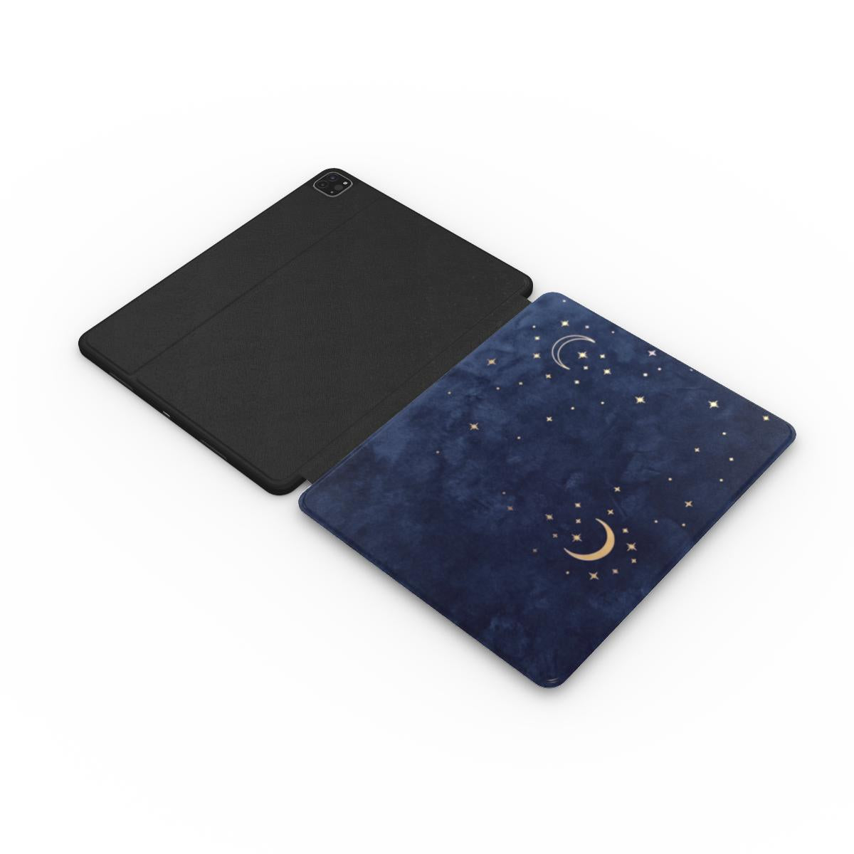 Navy Crescent Moon iPad case opened flat showing the printed front and black inside