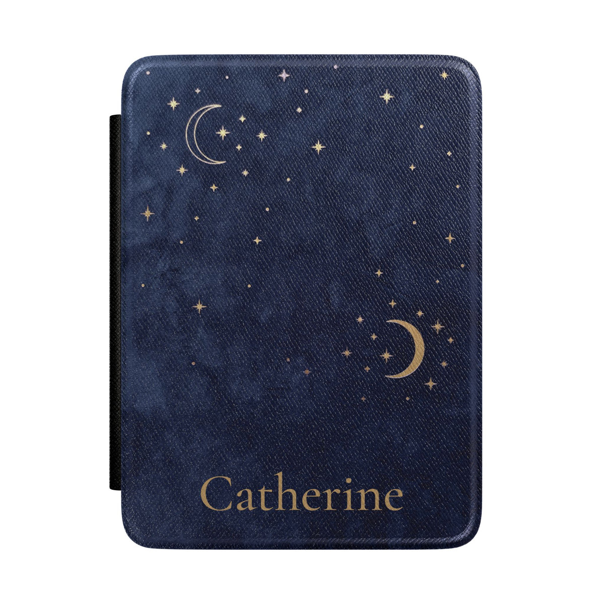 Navy Crescent Moon personalized Kindle case front with gold moons and a custom name