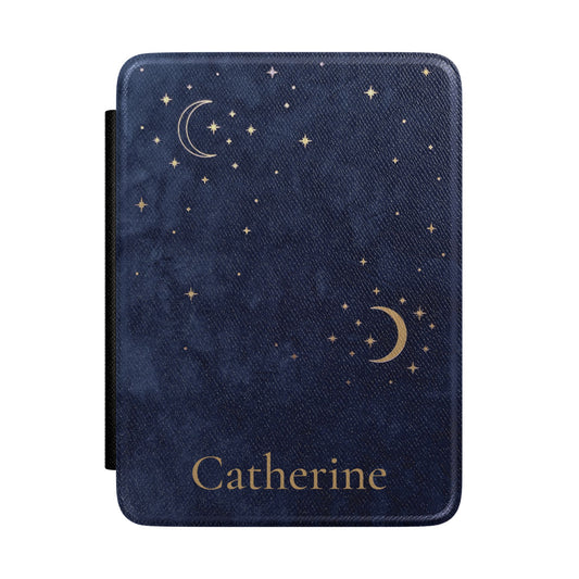 Navy Crescent Moon personalized Kindle case front with gold moons and a custom name