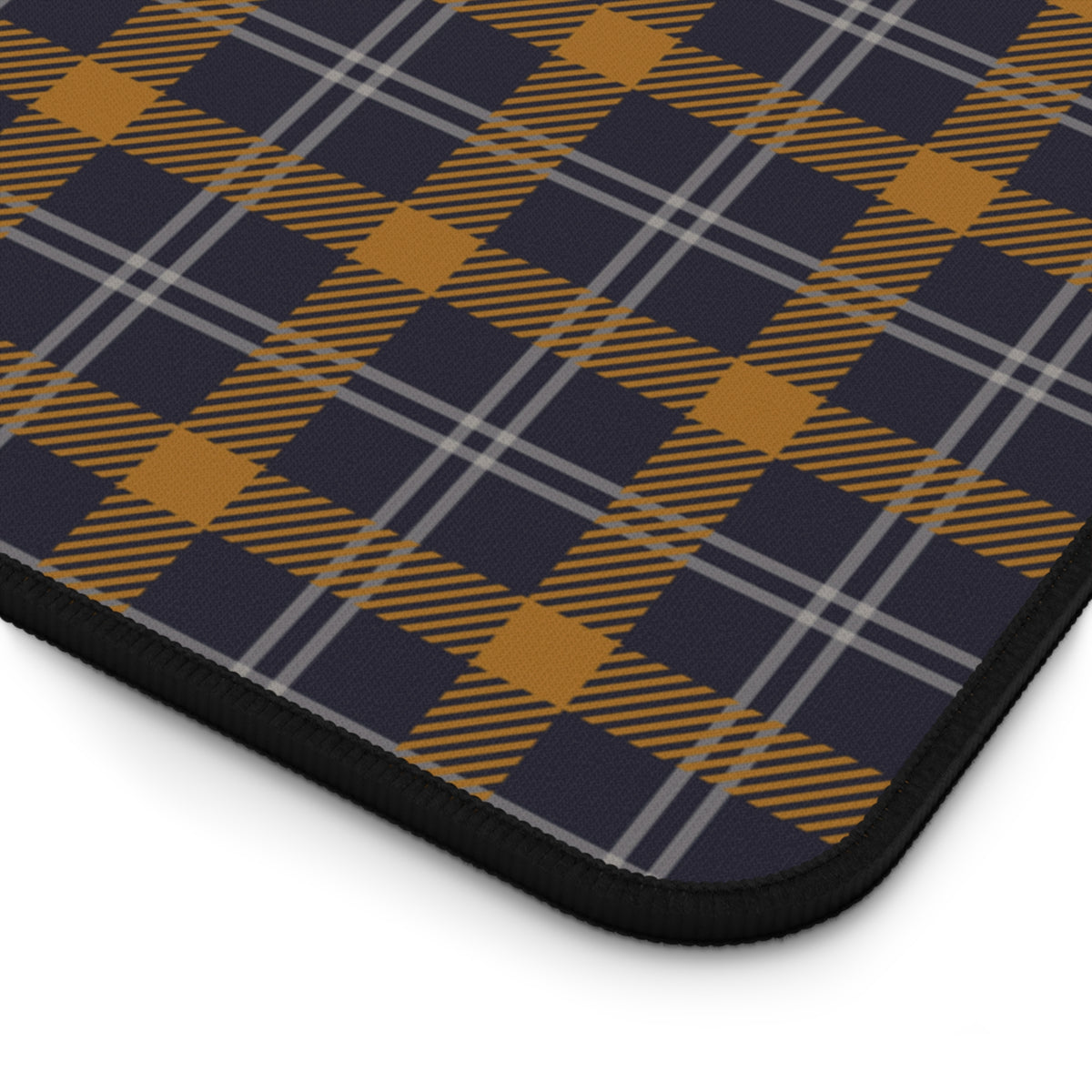 Close-up of the navy ochre plaid check and the stitched edge
