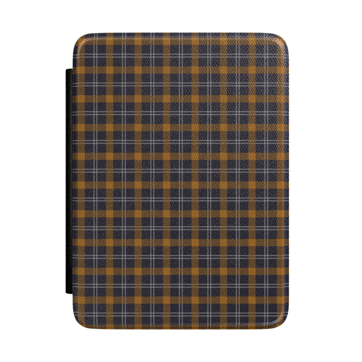 Navy ochre plaid Kindle case front cover