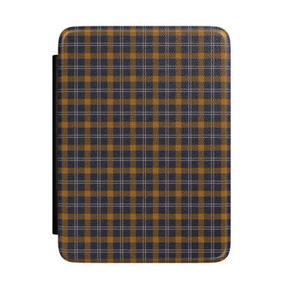 Navy ochre plaid Kindle case front cover