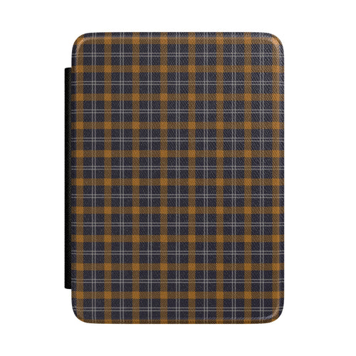 Navy ochre plaid Kindle case front cover