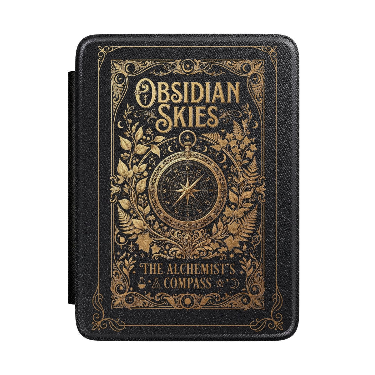 Obsidian Skies Kindle case front with gold compass on black cover