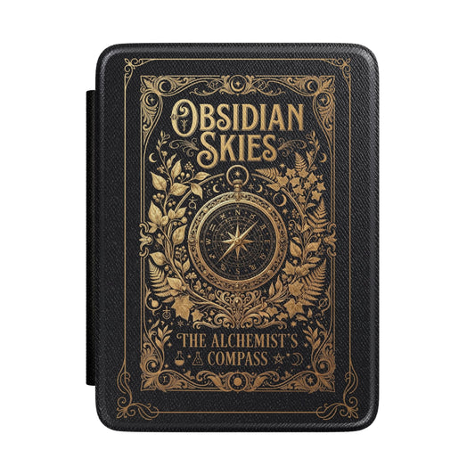 Obsidian Skies Kindle case front with gold compass on black cover