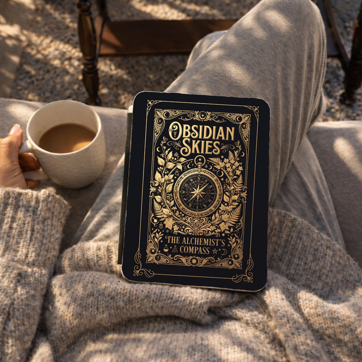Obsidian Skies Kindle case held on lap with coffee