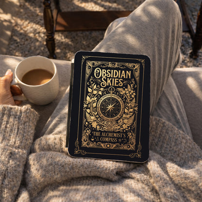 Obsidian Skies Kindle case held on lap with coffee