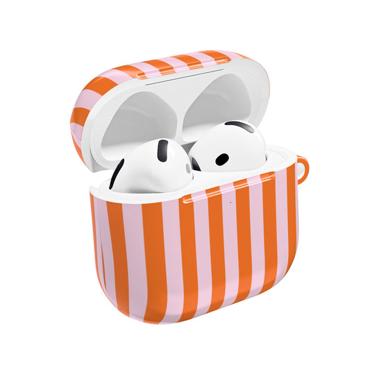 Orange Cabana Stripe AirPods case open with earbuds inside