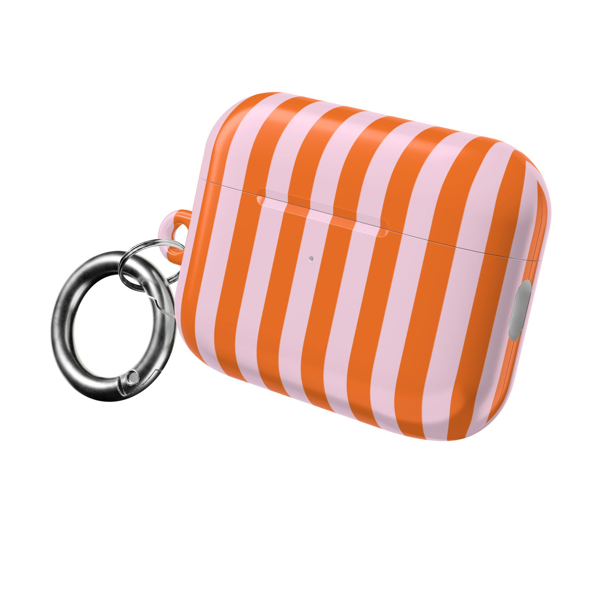 Orange Cabana Stripe AirPods case with metal carabiner clip