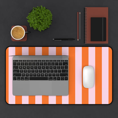 Orange Cabana Stripe desk mat 12 x 22 inch under a laptop and mouse